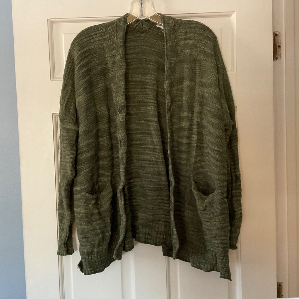Anthropologie Green Open Front Cardigan Sweater Dolman Sleeve Pockets Size M